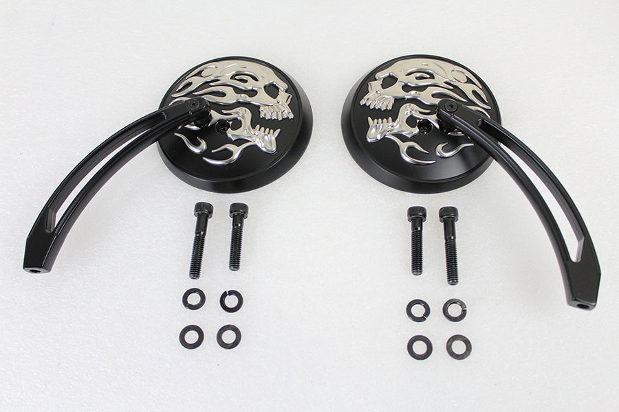 Round Skull and Flame Mirror Set with Curved Stems Black