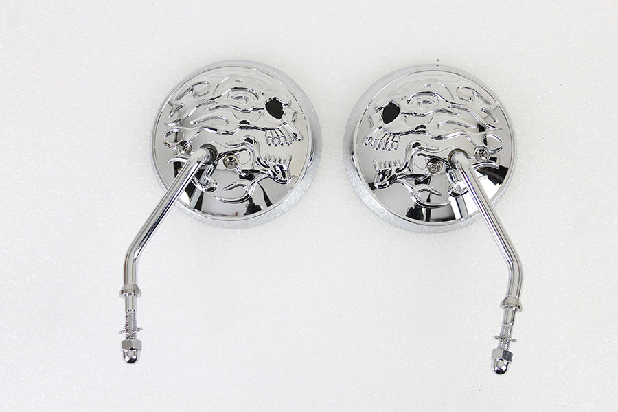 Round Skull and Flame Mirror Set with One Piece Stems Chrome