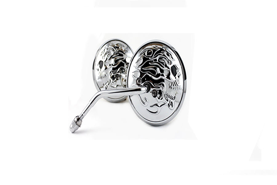 Round Skull and Flame Mirror Set with One Piece Stems Chrome